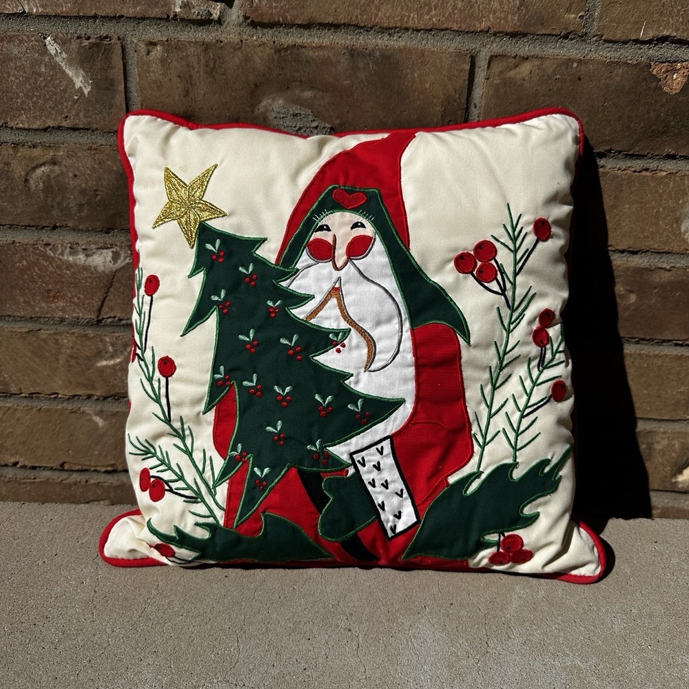 House of Hatten 13" Christmas Throw Pillow Santa Applique Embroidered Gold Red
